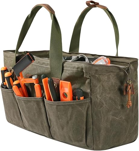 Miniatura 4 de Bolsa de herramientas de lona, 18 pulgadas, organizador de almacenamiento de 12 bolsillos con asa suave, cremallera grande (verde militar)