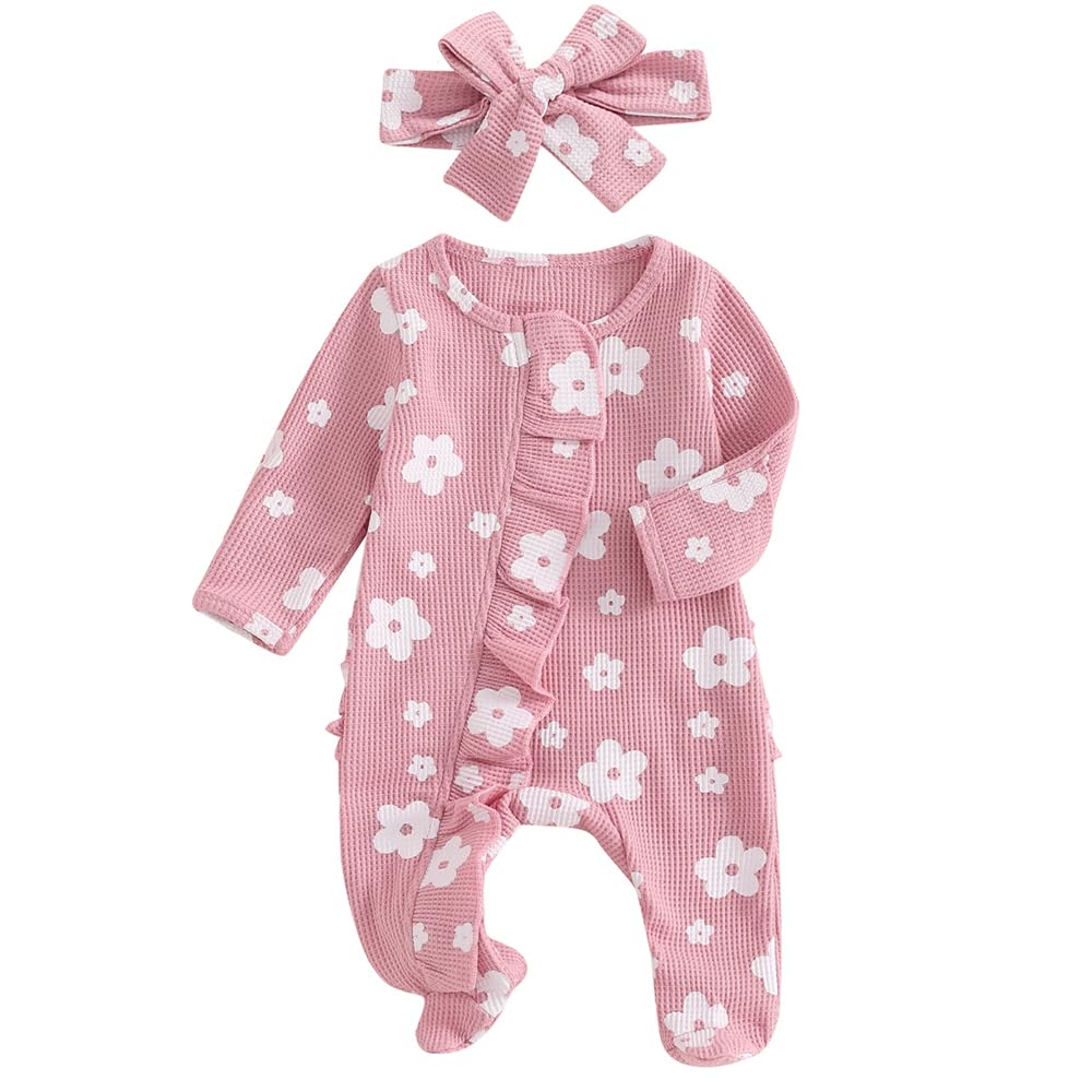 Ayalinggo Newborn Baby Girl Fall Winter Outfits Clothes Knit Jumpsuit Ruffle Romper Newborn Coming Home Outfit for Baby Girl - Newborn - Flower Knit Mauve