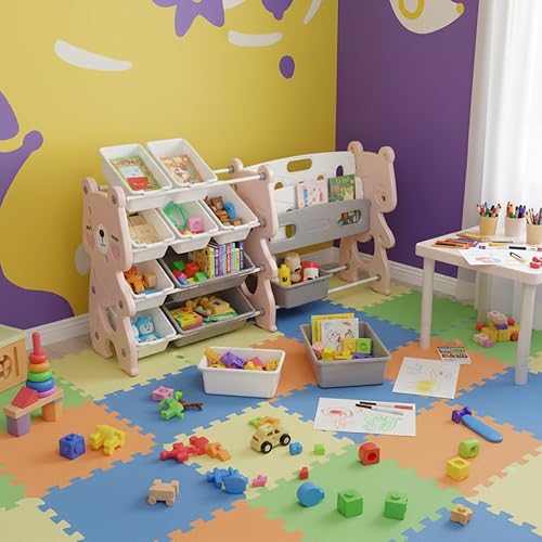 Miniatura 6 de Kids Toy Storage Organizer with 12 Bins and 2-Tier Bookshelf, Pink Polyethylene Storage Unit, 56.1x14.17x33.86 Inches, for Playroom, Bedroom,