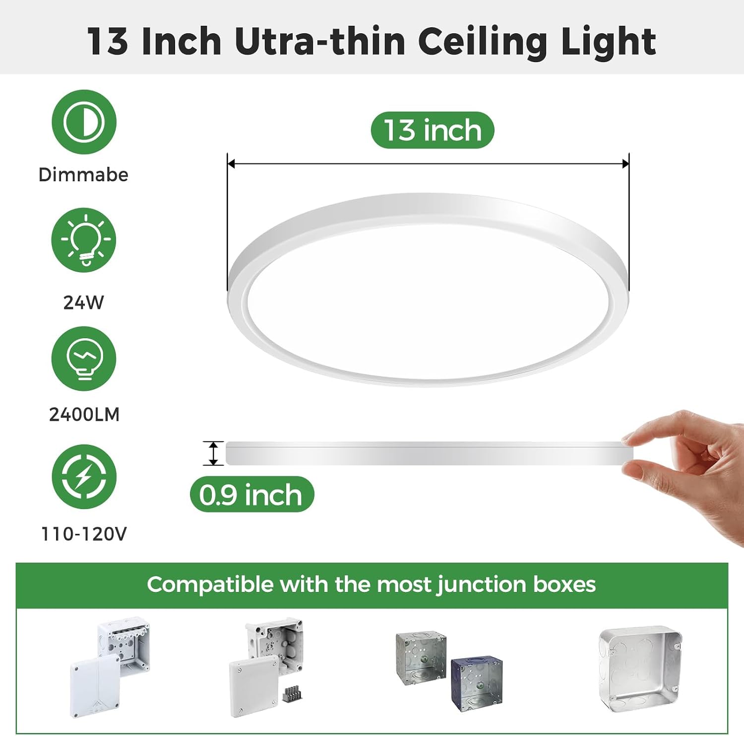 zemty 2Pack 13 inch White LED Flush Mount Ceiling Lights, Dimmable 5 Color Temp (3000K-6500K), 24W 2400LM Bright Round Light Fixture for Kitchen/Bathroom/Bedroom/Office
