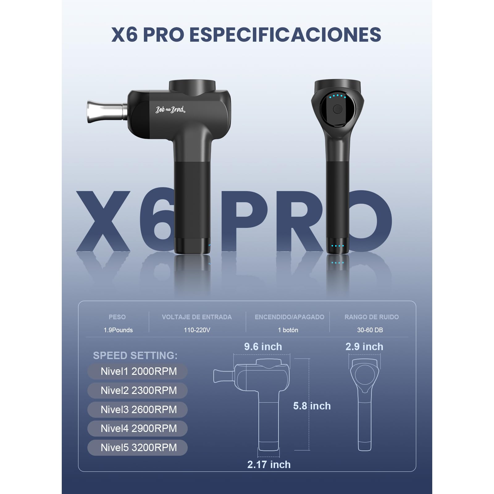 Pistola de Masaje Muscular, Bob and Brad X6 Pro Massage Gun con cabezal metálico Profesional Masajeador de Músculos de Tejido Profundo, Pistola Masajeador para Relajación de Masaje Muscular