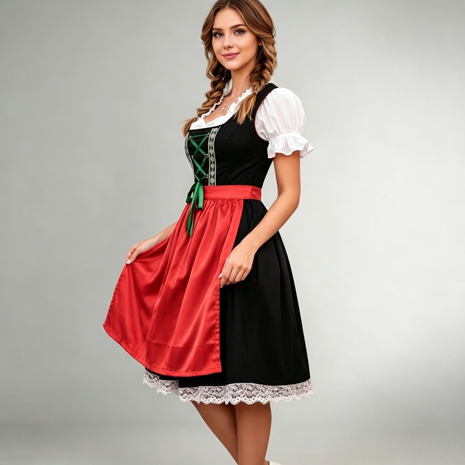 Dirndl Damen Midi Modern Trachtenkleid Damen Für Oktoberfest Halloween Cosplay Biergarten Karneval Party Hochzeit Trachtenfest Trachten-Outfit Trachten Kleid Trachtenrock Wiesn Dirndl Trachtenmode