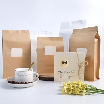 New Coffee Bags with Valve (50 PCS, 32 oz/2 lb) Kraft Paper Stand Up Pouches with Card Slot, High Barrier Aluminum Foil Flat Bottom Resealable Coffee Bean Storage Bags Heat Seal Side Zipper Pouches