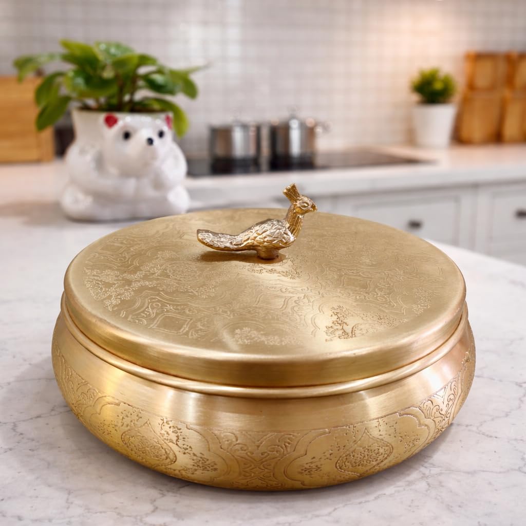 Pure Brass Roti Box for Kitchen with Peacock Lid(1500 ML) Chapati Box|Hot Case Casserole for Roti container|Engraved Floral Design Kitchen storage container|Gifting(Medium)-image-1