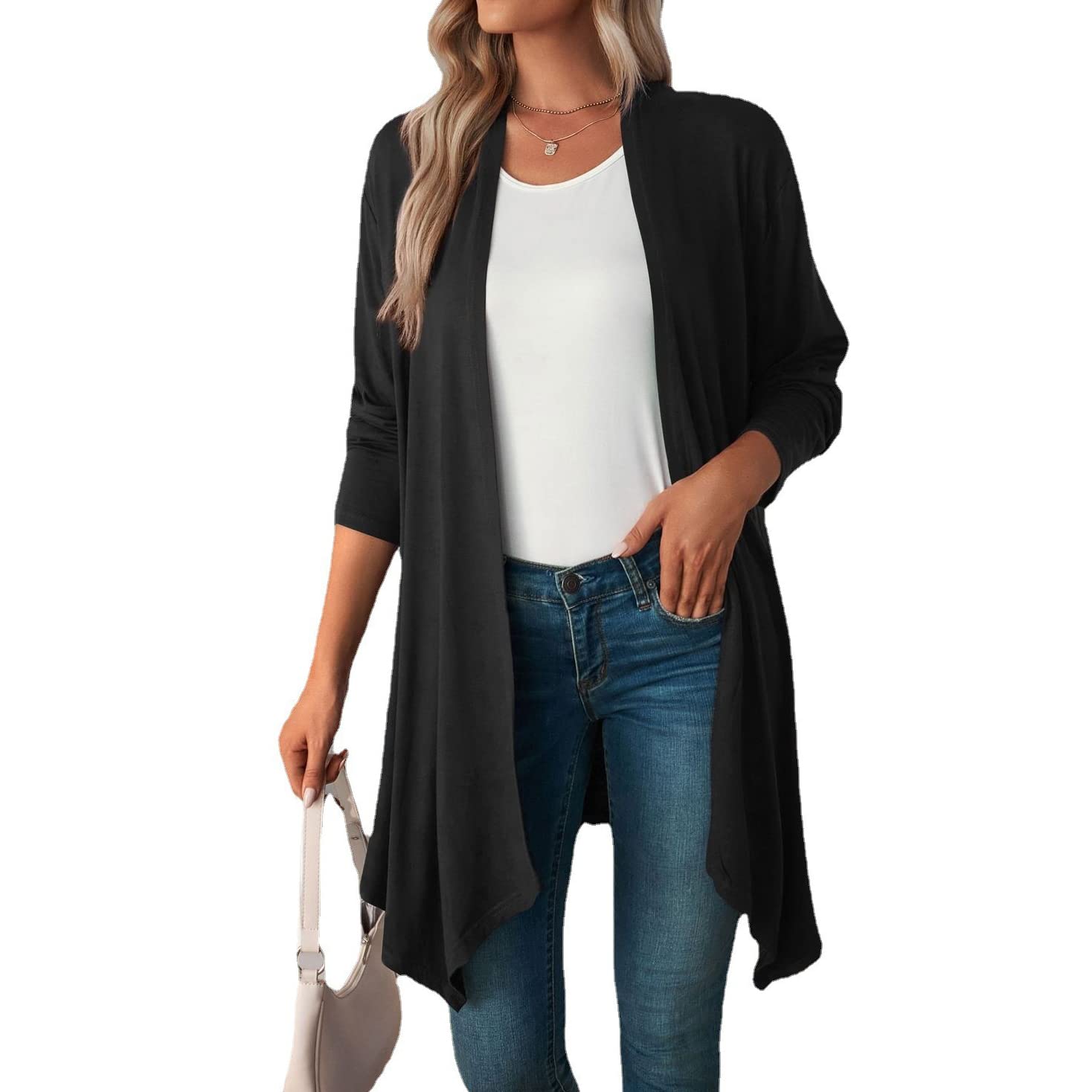 Women's Soft Long Sleeve Waterfall Cardigans UK Draped Lightweight Open Front Cardigan Dusters Coat