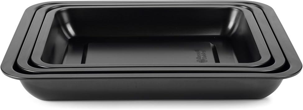 Russell Hobbs Everyday 3 Piece Roaster Set - Stackable Roasting Tray, Non-Stick ILAG, Carbon Steel, Made in the UK, Dishwasher Safe, Black