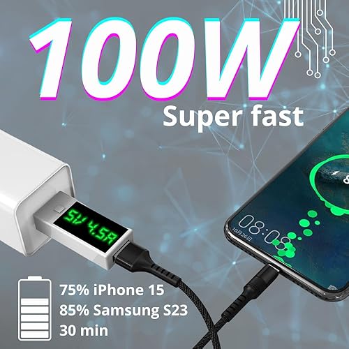 Miniatura 8 de Paquete de 2 cables USB C trenzados de nailon de 3.3 ft, súper duradero, carga rápida de 100 W  5A  USB-A a USB-C  Compatible con Samsung Galaxy,