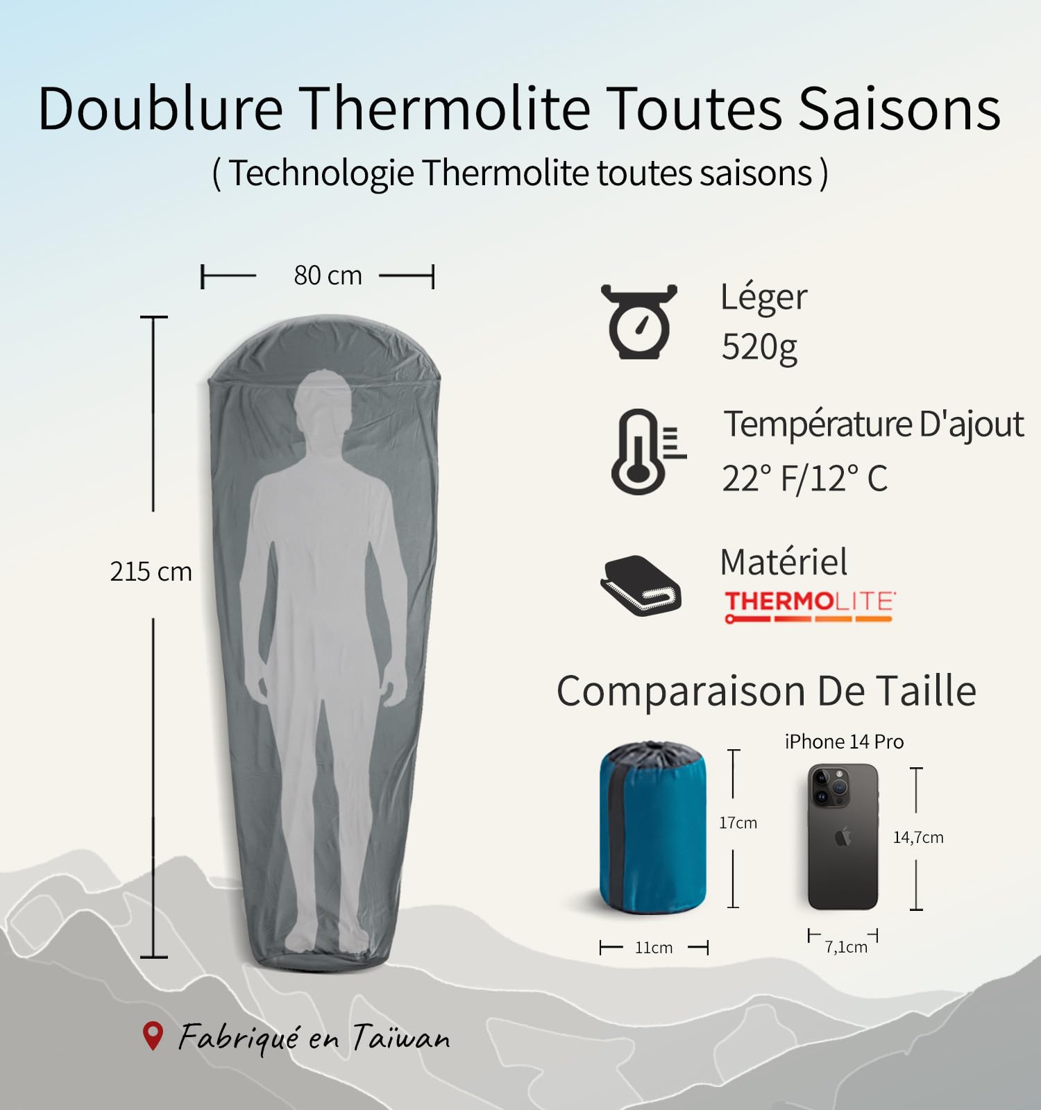 Litume Sac à Viande Momie en Velours/Thermolite avec Capuche à Cordon, pour Camping, Randonnée, Voyage, Hôtel, Léger, Compact, Doux, Chaud
