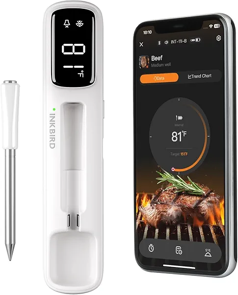 INKBIRD Mini Wireless Meat Thermometer, Bluetooth 5.4,1000ft/305m Ultra Long Connection, 60 Min Offline Data Storage, IP67 Waterproof, White LED Display, Ideal for BBQ, Grill, and Smoker