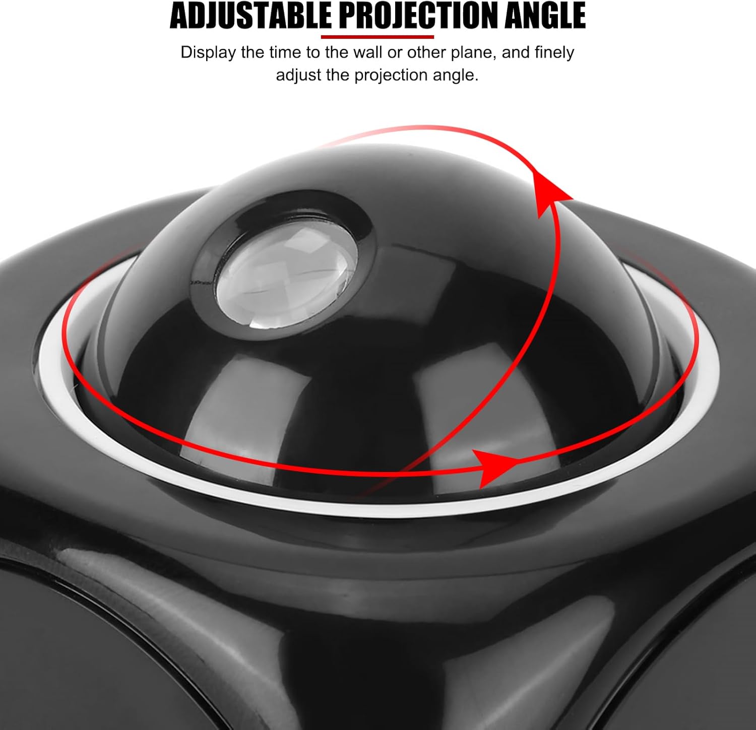 Close-up of the EVTSCAN alarm clock's projection dome, illustrating adjustable angle with red arrows.