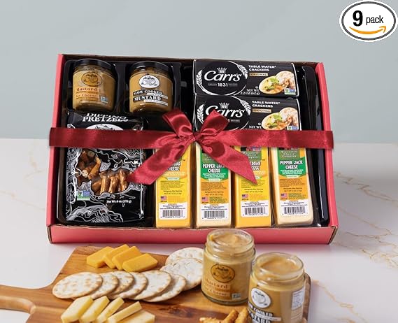 Wisconsin Cheese Company - Deluxe Specialty Cheese Gift Box - 100% Wisconson Cheddar & Pepper Jack Cheese, Cracker, Pretzel & Mustard | Perfect for Parties, Charcuterie Boards and Birthday Gifts | Charcuterie Board Food | Cheese & Crackers | Housewarming Gift | Birthday Gift | Gourmet Food Gift Box