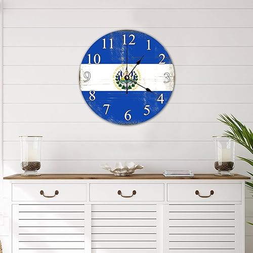Miniatura 4 de Reloj de pared redondo de madera con bandera de El Salvador de 12 pulgadas, divertido reloj de pared con bandera nacional, silencioso sin tictac,