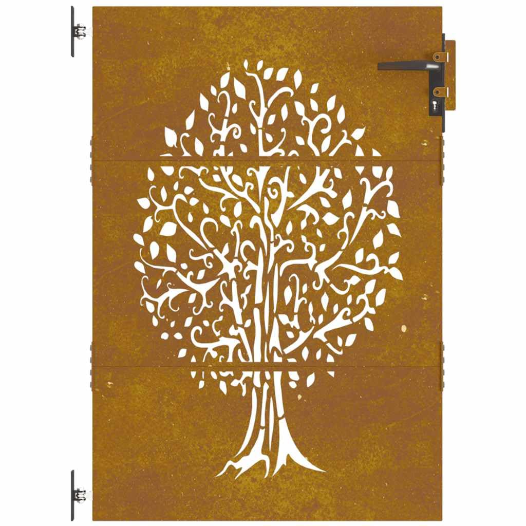 Gartentor 85x125 cm Cortenstahl Rostoptik Baum-Design abschließbar Modernes Zauntor für Garten Terrasse und Eingangsbereich