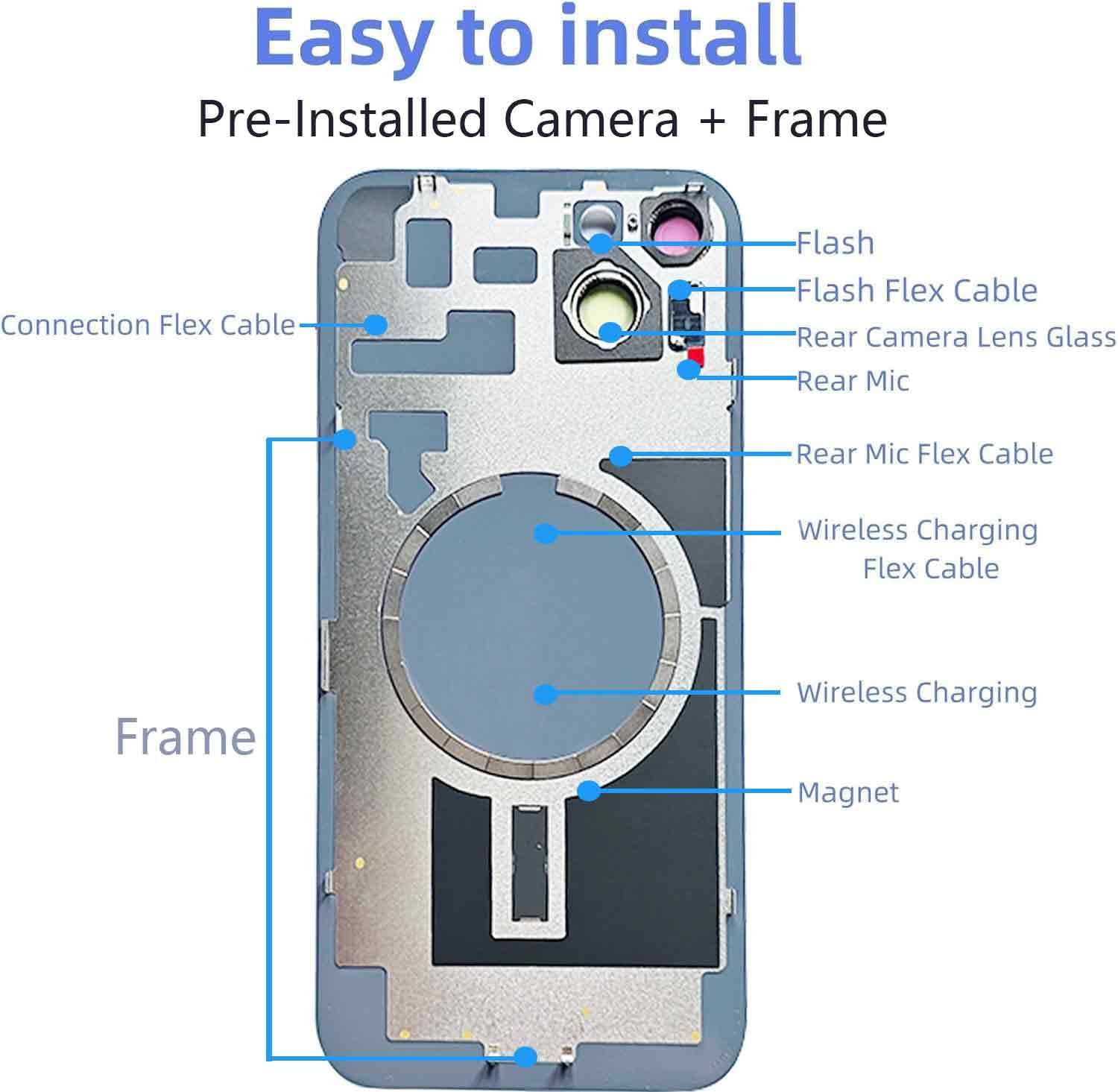Original Back Glass Cover Battery Door Replacement & Waterproof Tape, Pre-Installed Camera Frame for iPhone 14 All Carriers Repair 14 Tool (Blue)