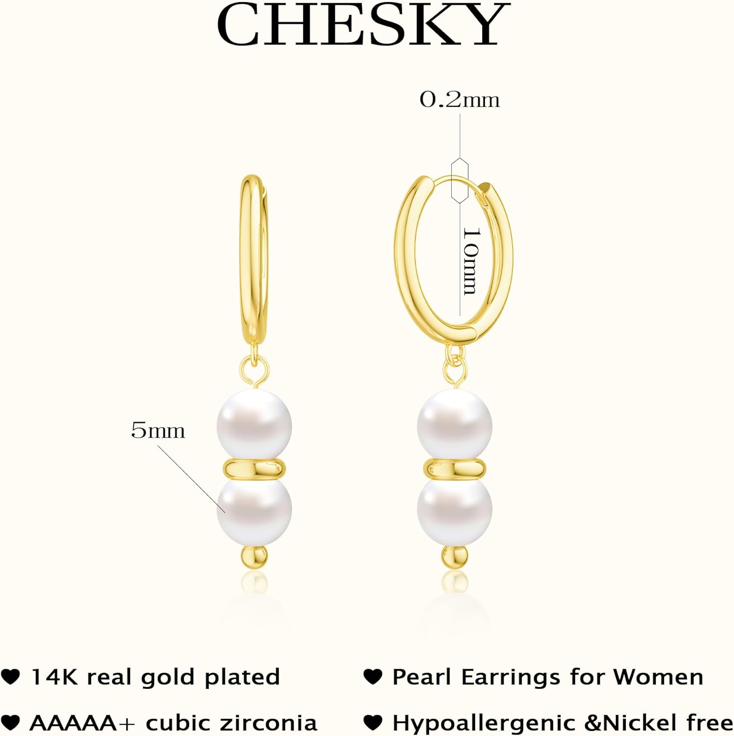 CHESKY 14K Gold Plated Dainty Pearl Earrings for Women Trendy,Huggie Hoop Earrings Non Tarnish,Bridal Dangle Earrings for Wedding Jewelry - Image 5