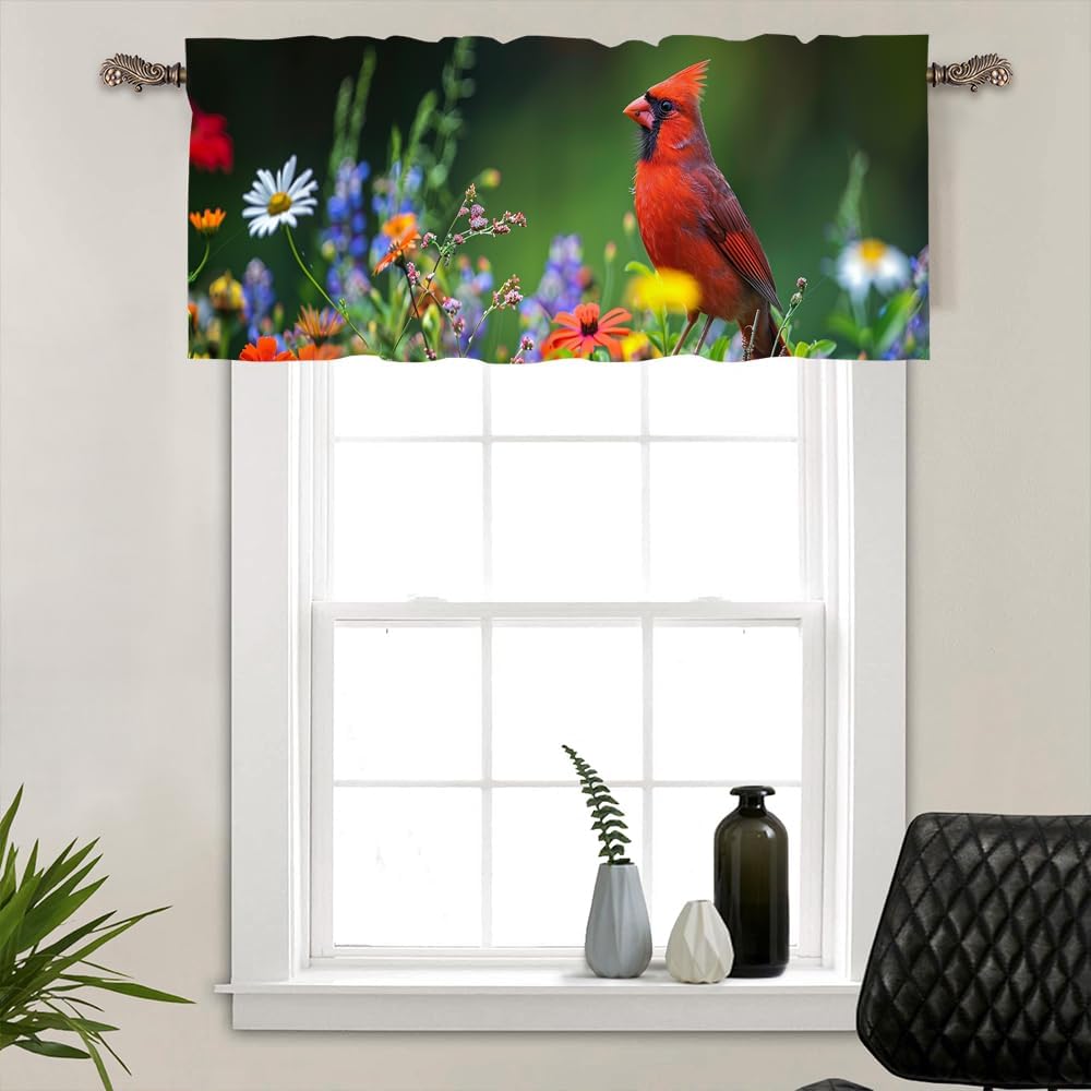 1 Panel Bird Curtain Valance for Windows, Colorful Floral Garden Rod Pocket Short Window Treatment Decor Drapes for Kitchen, Bathroom, 54" X 18"