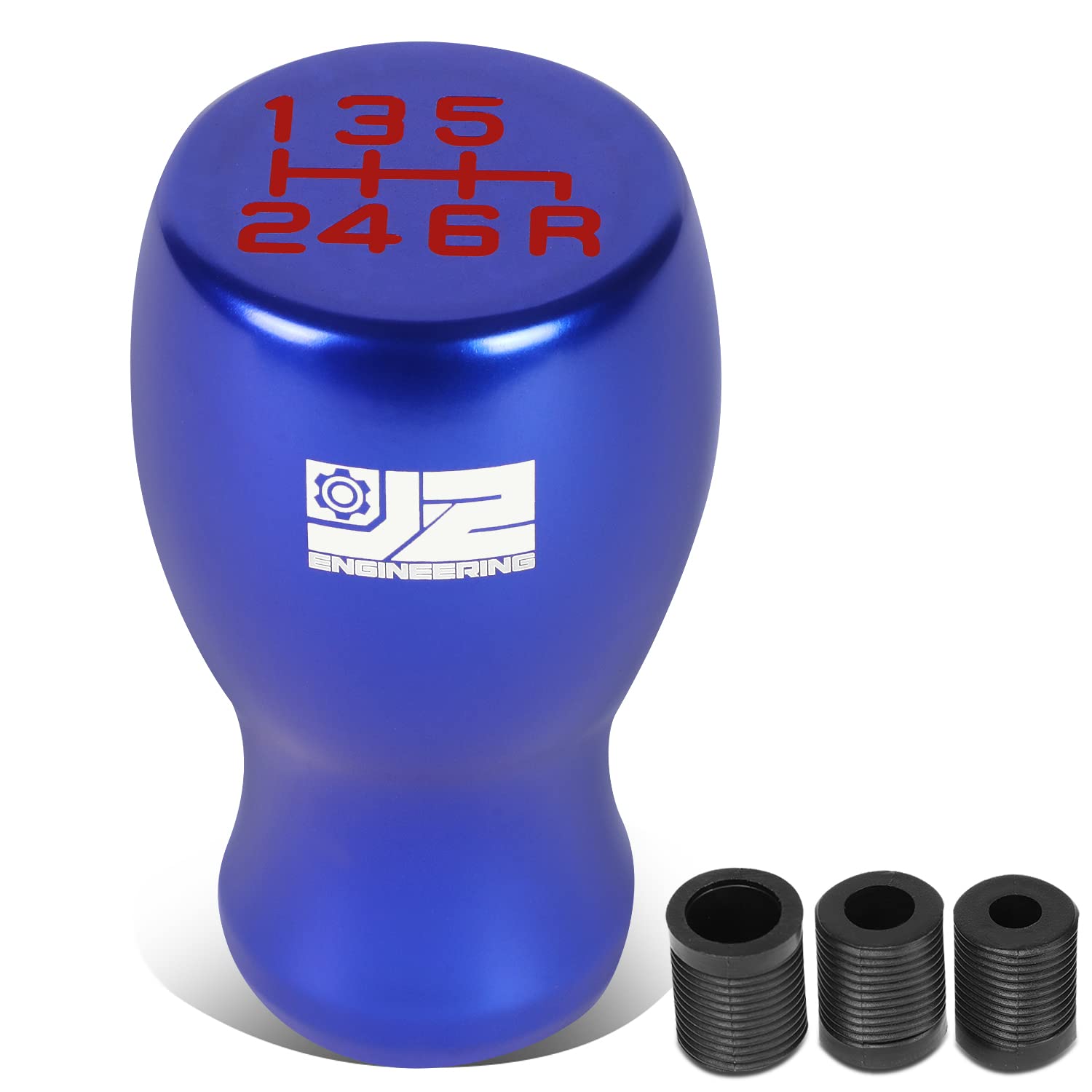 J2 EngineeringJ2-SK-002-BL Flat Top Teardrop Shape Aluminum Manual 6-Speed Shift Knob with 8mm 10mm 12mm Thread Adapters, Blue