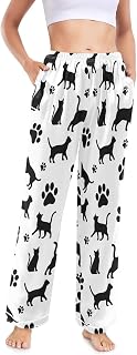 [ODAWA] Black Cat Paw Prints White Winter Pajama Pants for Women High Waisted Lounge Pajama Pants for Women with Pockets S