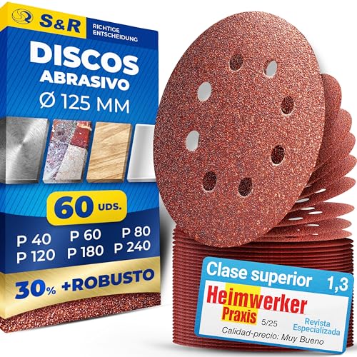 S&R 60 Discos Hoja Papel de Lija PREMIUM para Amoladora/Hojas 125 mm Grano cada 10 x 40/60/80/120/180/240 (60 pzs) 8 agujeros para Lijadora