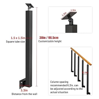 34/36/38/40/42in Side Mount Stair Railing Posts, Indoor Outdoor 270Adjustable Metal Baluster Post, Staircase Balusters with Screws Kit for Deck, Balcony and Porch