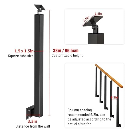 34/36/38/40/42in Side Mount Stair Railing Posts, Indoor Outdoor 270Adjustable Metal Baluster Post, Staircase Balusters with Screws Kit for Deck, Balcony and Porch