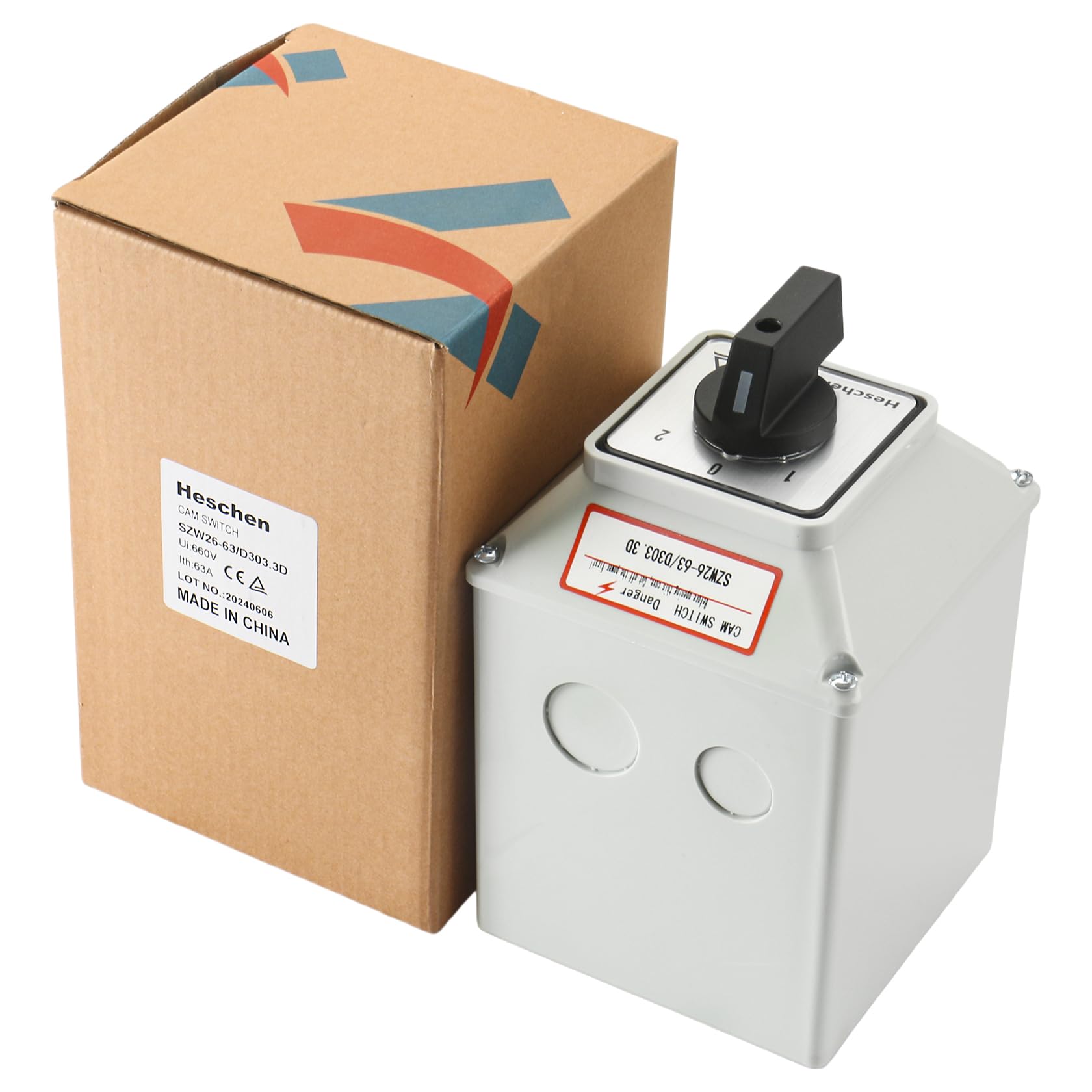 Heschen Interruptor de cambio de selector de leva giratorio universal, SZW26-63/D303.3D, 660V 63A, ON-OFF-ON 3 posiciones, 3 fases 12 terminales, con caja exterior de interruptor maestro