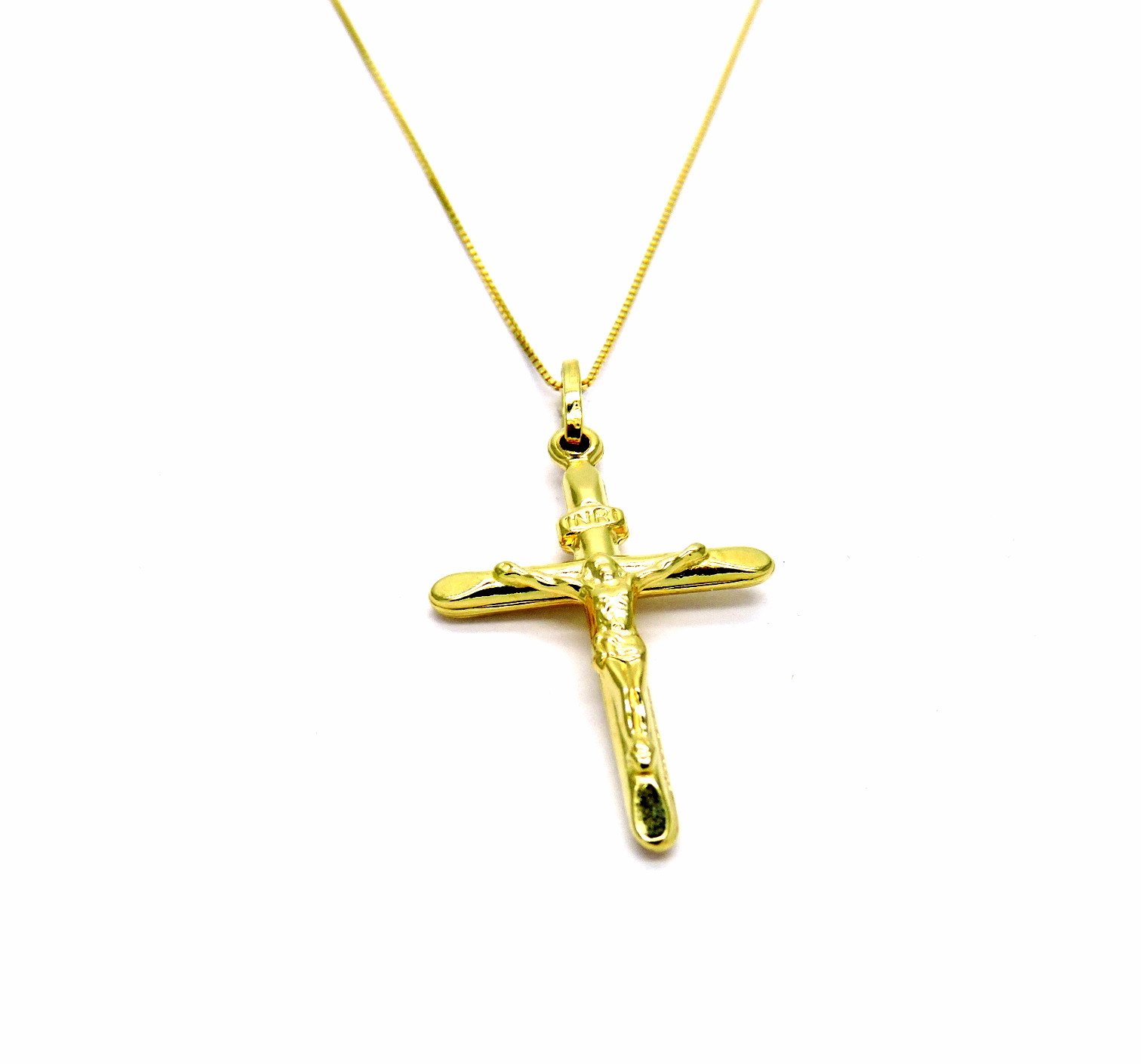 Collana in Oro Giallo 18kt (750) Catenina Veneta Croce Cristo Smussata Donna Ragazza Bambini