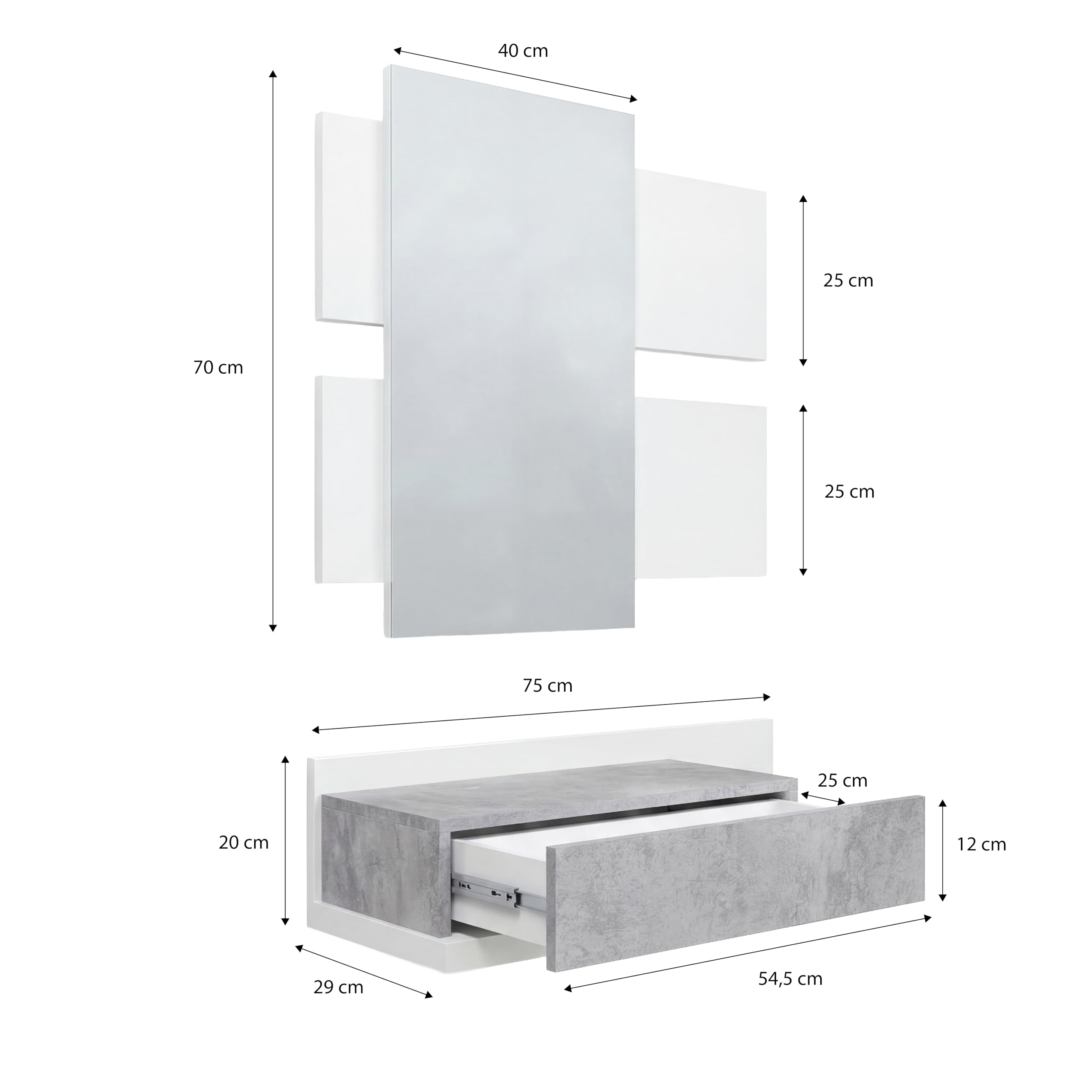 duehome | Recibidor con cajón y Espejo, Mueble de Entrada, Modelo Milo, Acabado en Blanco Artik y Cemento, Medidas: 75 cm (Largo) x 29 cm (Fondo) x 116 cm (Alto)