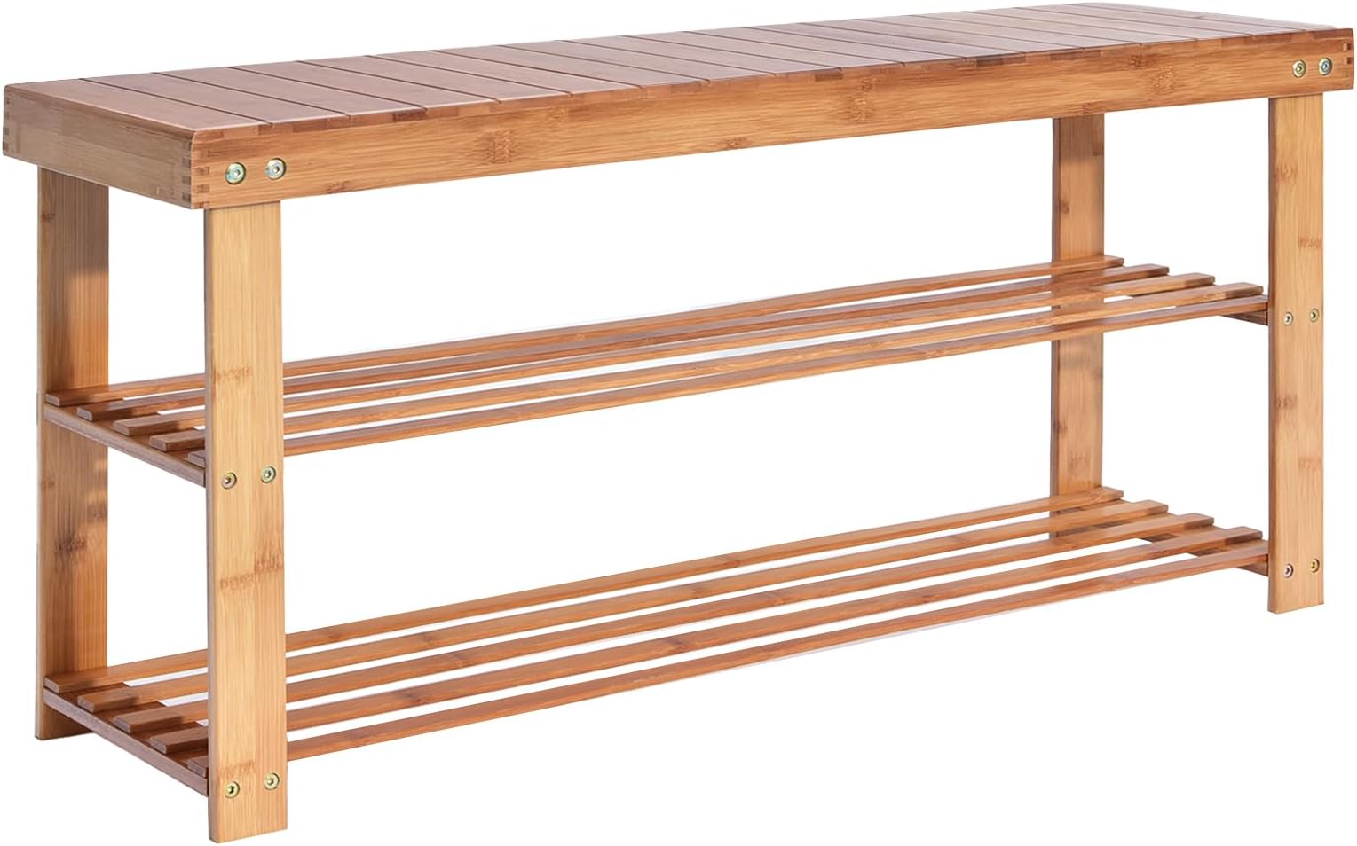 Hododou Shoe Rack 2 Tier Shoe Storage Bench Wooden Shoe Rack with Seat for Hallway Entryway Living Room Bedroom, 90 x 27 x 42cm, Natural Bamboo, Max Load Capacity up to 100KG