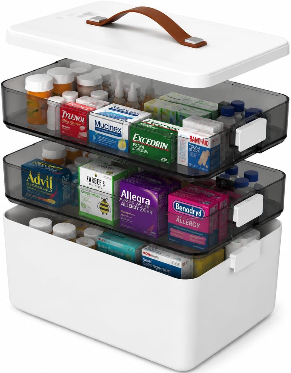 3-Tier Medicine Organizer - Portable Medicine Cabinet with Handle | Empty First Aid Kit Medical Supply Organizer,Multipurpose Medical Box,for Home, School, Dorm | Ideal Elderly Gift
