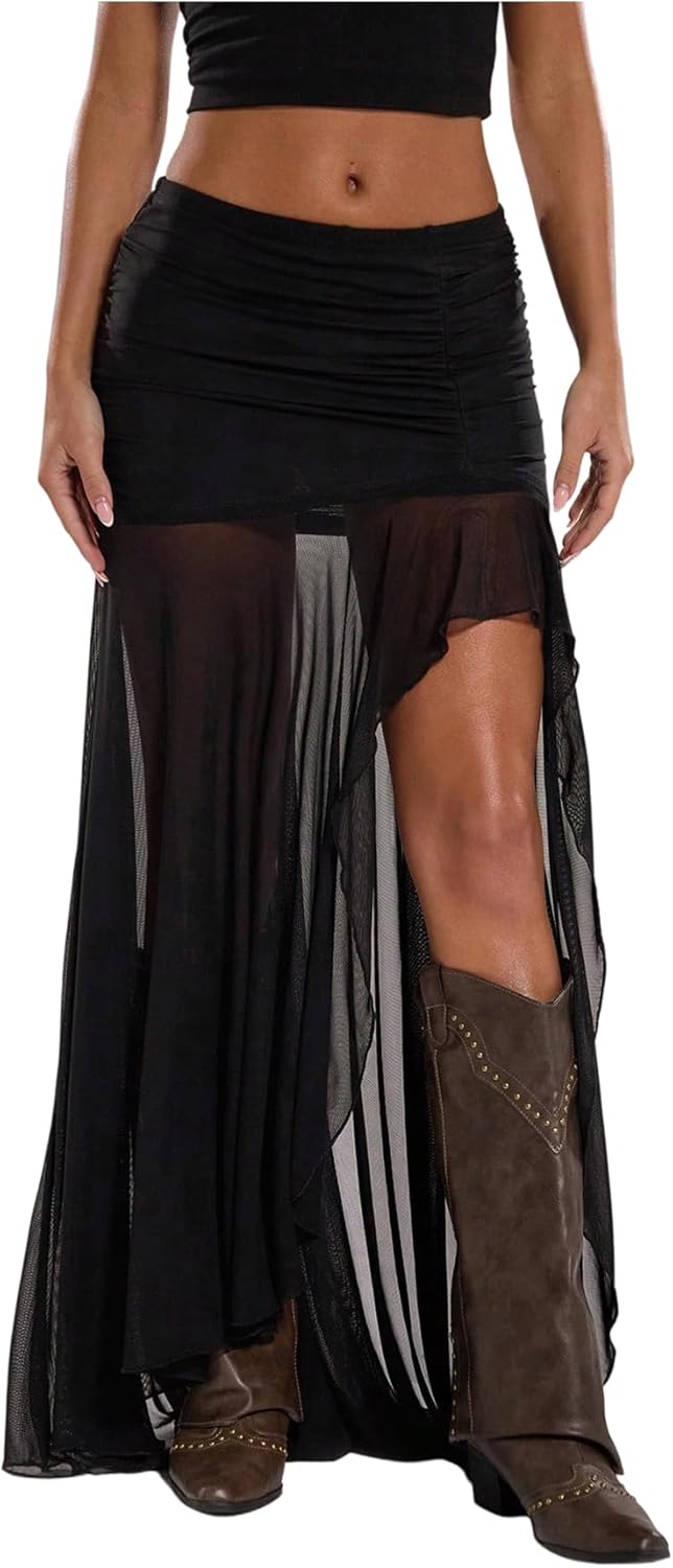 Verdusa Women's Western Sheer Mesh Pleated Maxi Skirt Split Thigh Asymmetrical Bodycon Long Skirts