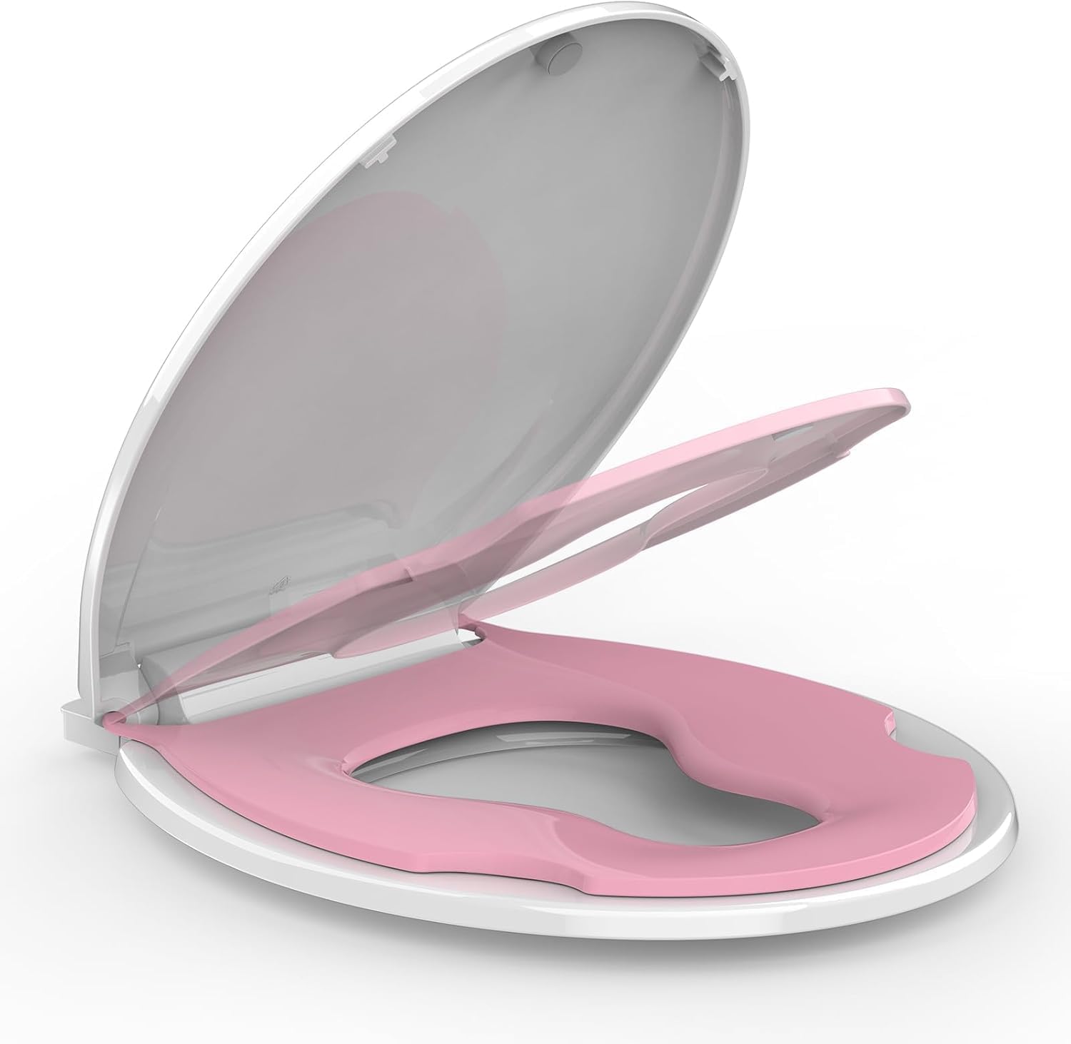 17" Round Toilet Seat With Built-In Toddler Seat - Easy Potty Training, Slow Close Feature, Easy Install & Clean, Perfect for Adults & Kids(White and Pink)