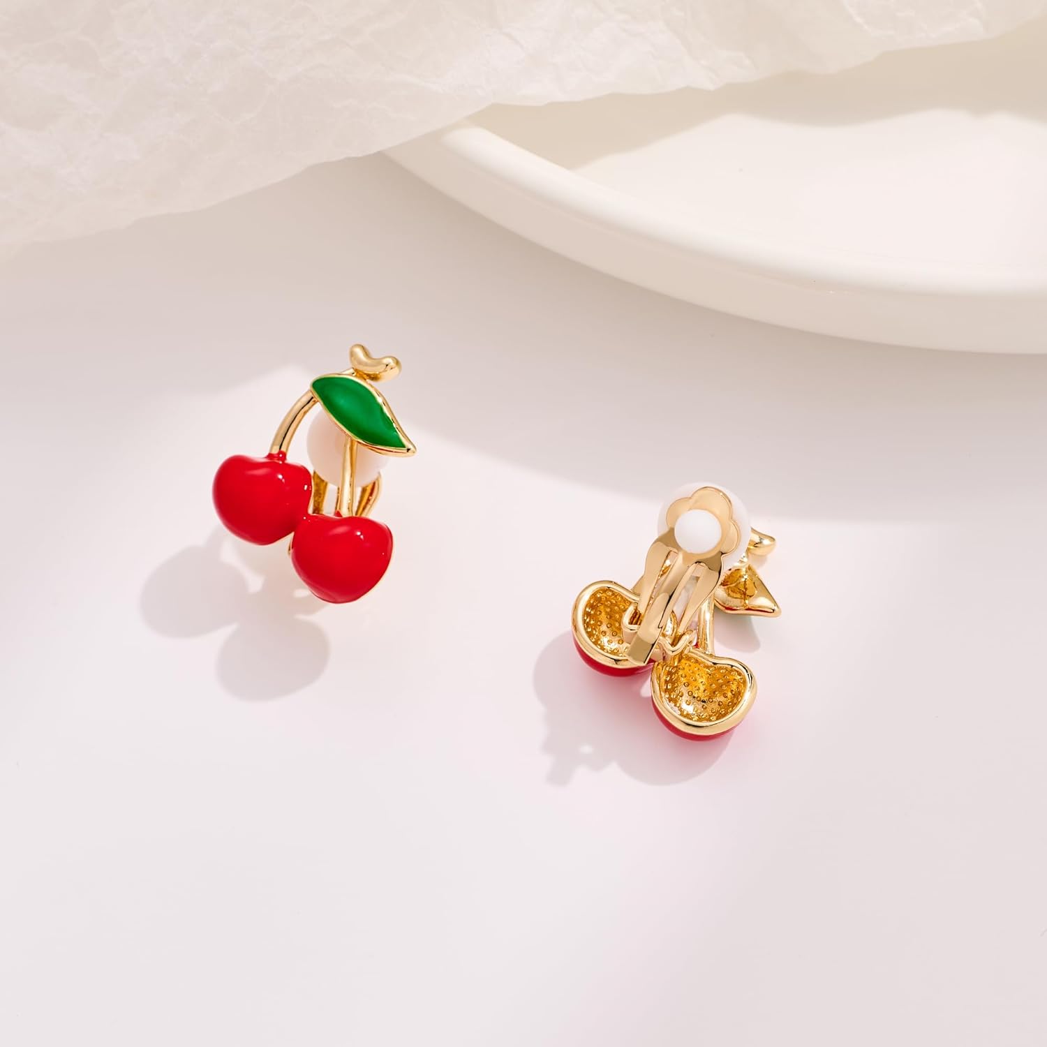 Gold Plated Clip On Earrings for Women Cute Red Cherry Earrings Non Piercing Studs Fruit Jewelry - Image 4