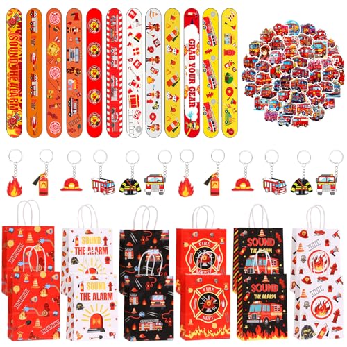 Lot de 86 pièces de décoration d'anniversaire pompier avec 12 bracelets slap, 12 sacs cadeaux pompier, 12 porte-clés, 50 autocollants de dessin animé, pour...