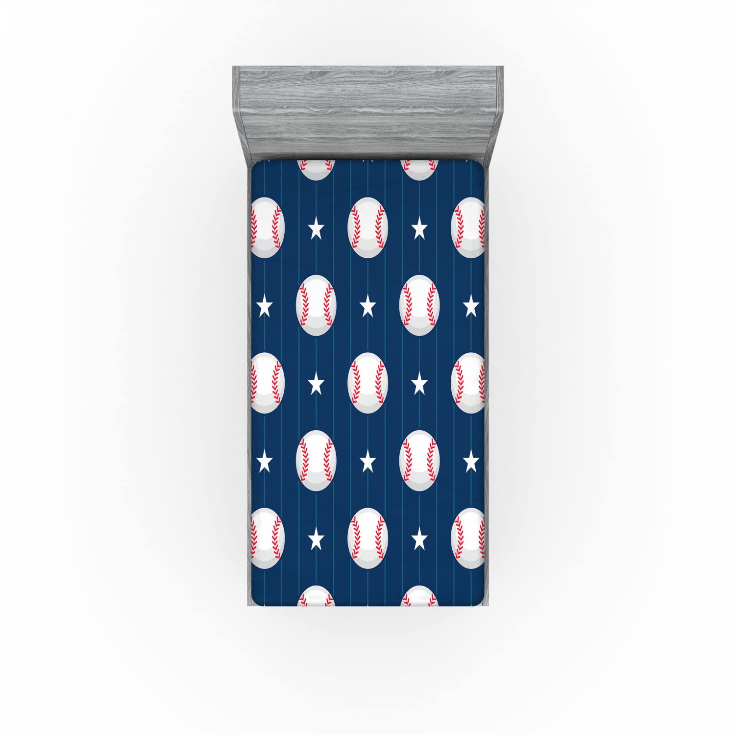 Ambesonne Sports 2 Pack Fitted Sheet, Baseball Stripes, Bed Cover All-Round Elastic Deep Pockets 2 Pieces, Package Contains 2 Twin Size Fitted Sheets, Night Blue Red White