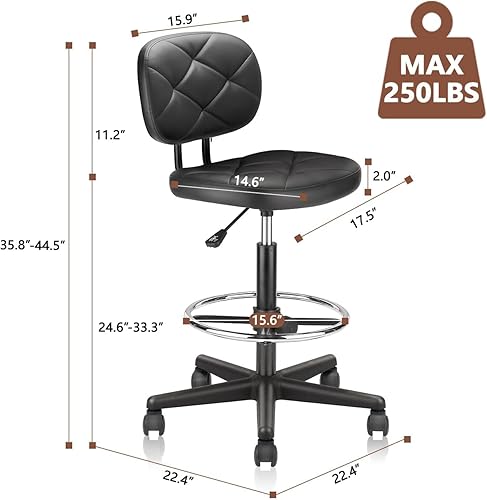 Miniatura 3 de Taburete rodante de piel sintética con reposapiés y soporte para la espalda, silla de dibujo tapizada de diamante ajustable con ruedas, silla de