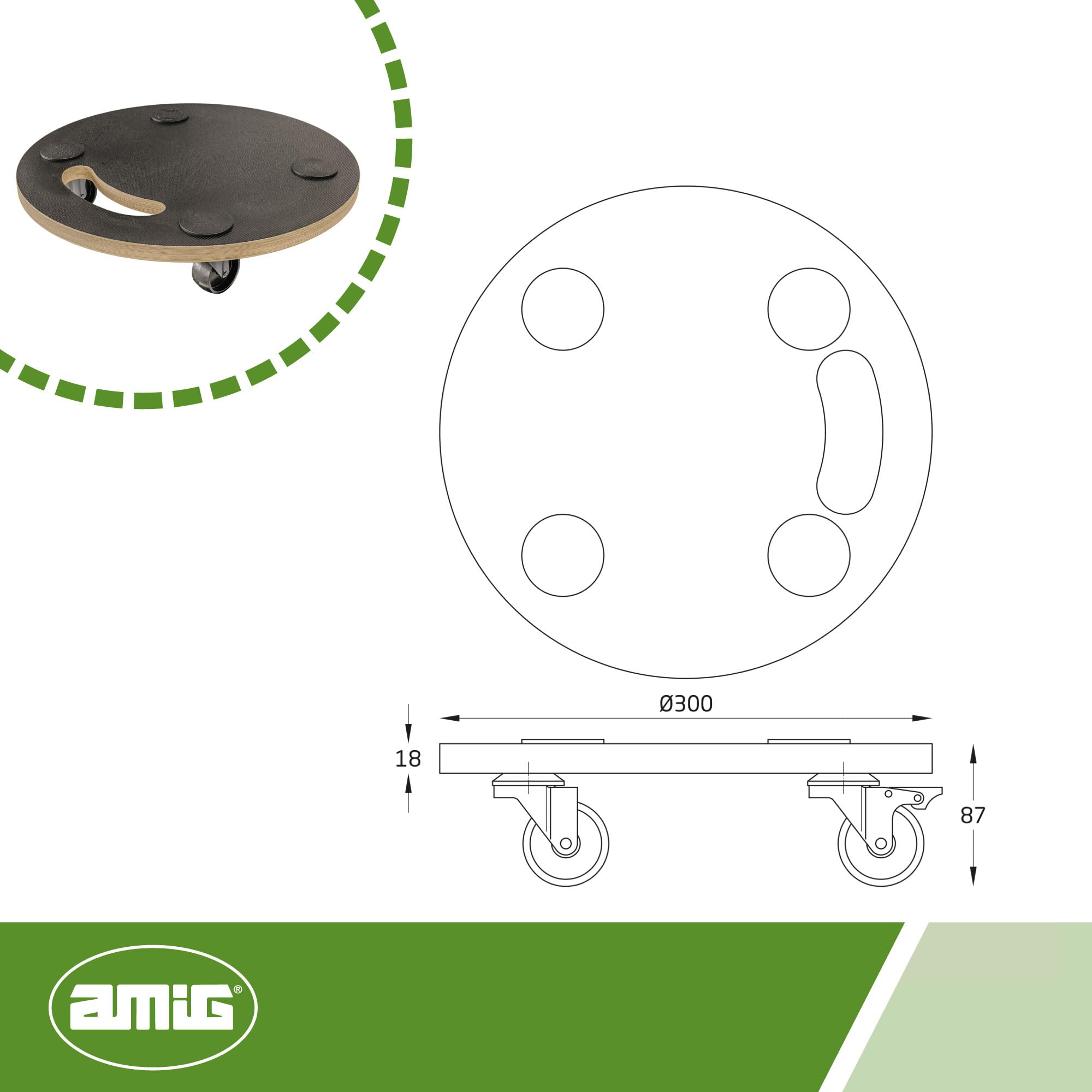 Amig - Plateforme de Charge avec Roues - Support Roulant Rond - 4 Tapis antidérapants - Ø30 cm - Charge Max.: 100 kg - 4 Roues: 2 avec Frein - Contreplaqué - Certifié FSC - Noir