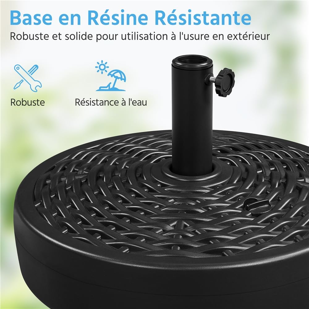 Yaheetech Pied de Parasol Remplie d'eau 22 L Base de Parasol en HDPE Imitation Rotin Socle de Parasol Extérieur pour Mât de Parasol de Ø 3,8 cm/4,8 cm Jardin Terrasse Piscine Noir