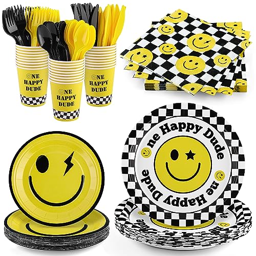 Image of durony 196 Pieces One Happy Dude Birthday Party Decorations First Birthday Smile Face Party Tableware Set Smiley Plates Cups Napkins Forks for One Happy Dude Party, 1st Birthday Party, Serve 28 Guest