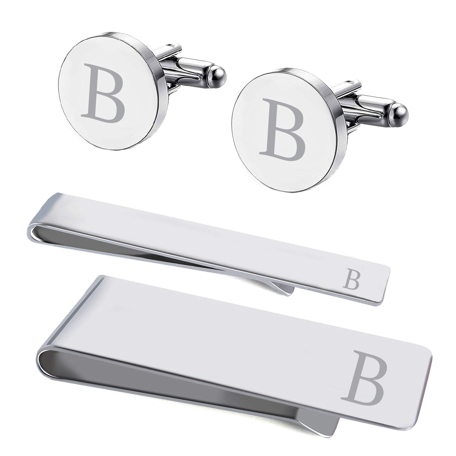 BodyJ4You4PC Cufflinks Tie Bar Money Clip Button Shirt Personalized Initials Alphabet A-Z Gift Set