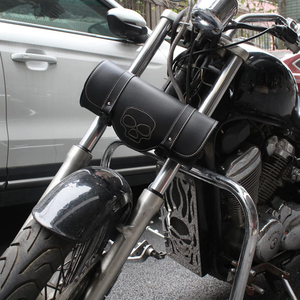 Riloer 1 sac à outils en cuir PU pour guidon de moto, étanche et réglable avec boucles pour la plupart des motos, vélos, noir