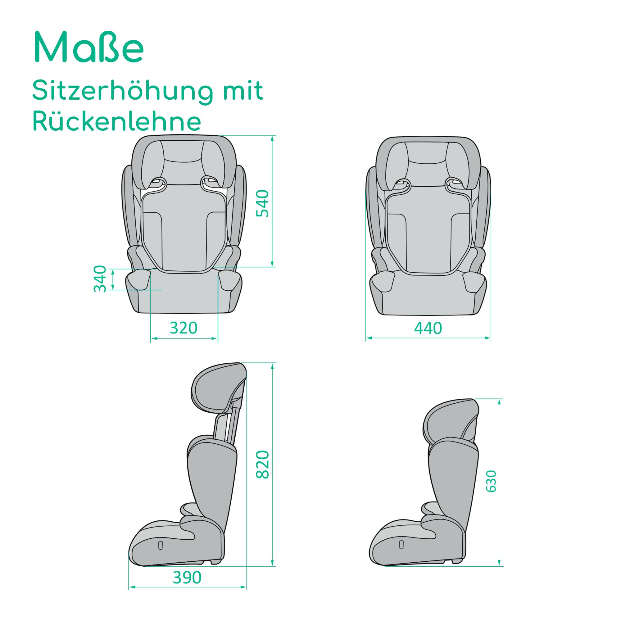 Bebeconfort Ride 2-in-1 i-Safe Kindersitz, 3,5-12 Jahre (100-150 cm), Kindersitz mit Gurt, Abnehmbare Rückenlehne, Leicht (3,4 kg), 11 Kopfstützpositionen, Becherhalter, Full Black