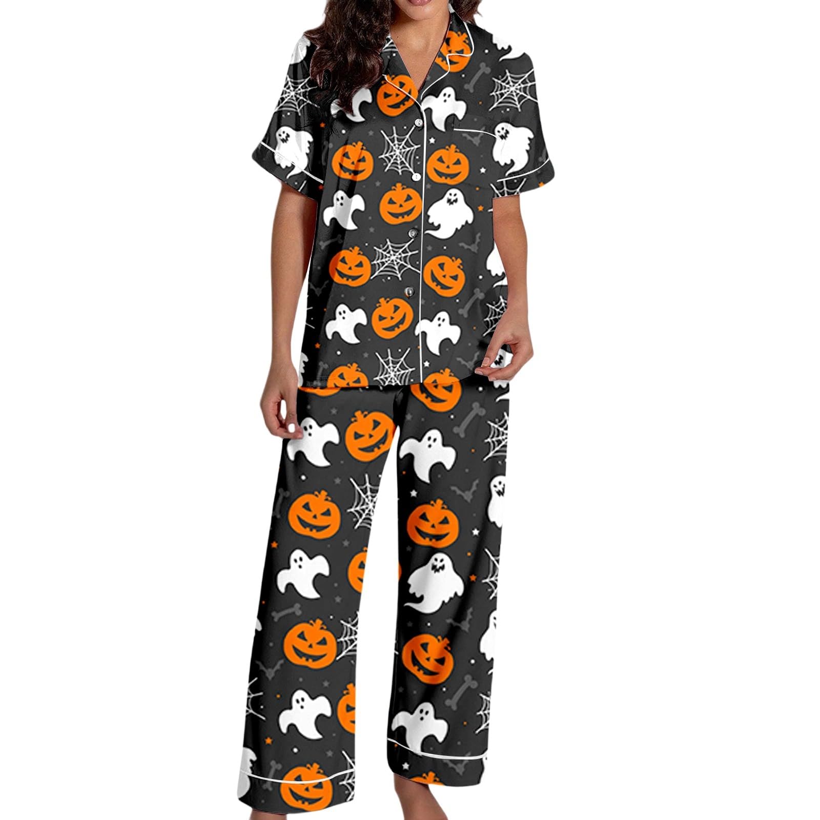 Halloween Kürbis Print Kurzarmhemden und Lange Hosen Damen Pyjama Set für Nachtwäsche Pyjama Set