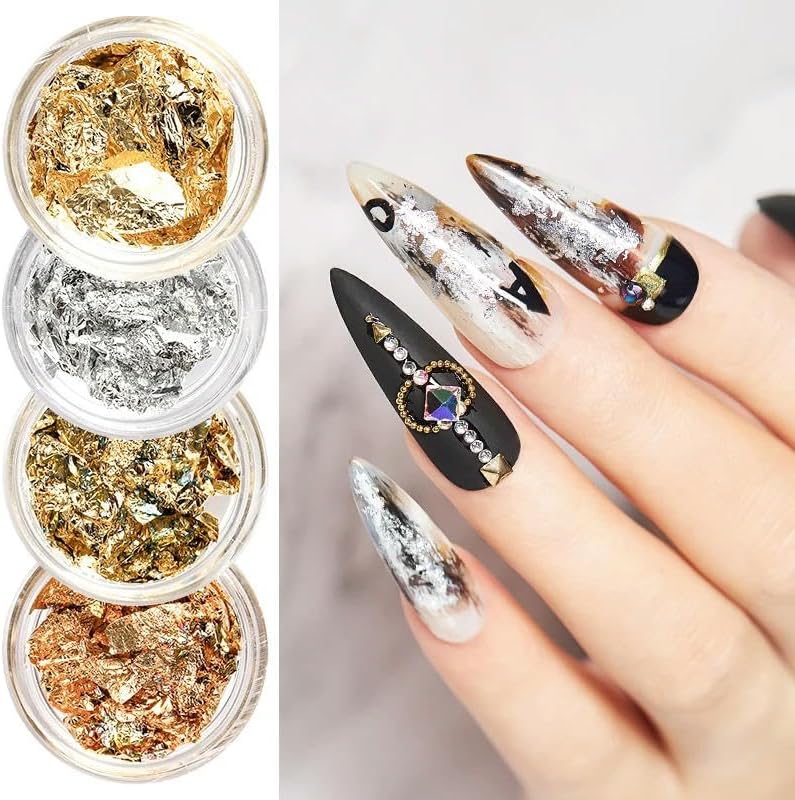 Gold Leaf Sheets for Nail Art, Gold Silver Foil Paper, 3D Irregular Aluminum Stickers, DIY Manicure Glitter Decoration Tools for Nail Designs (4 pcs, D)
