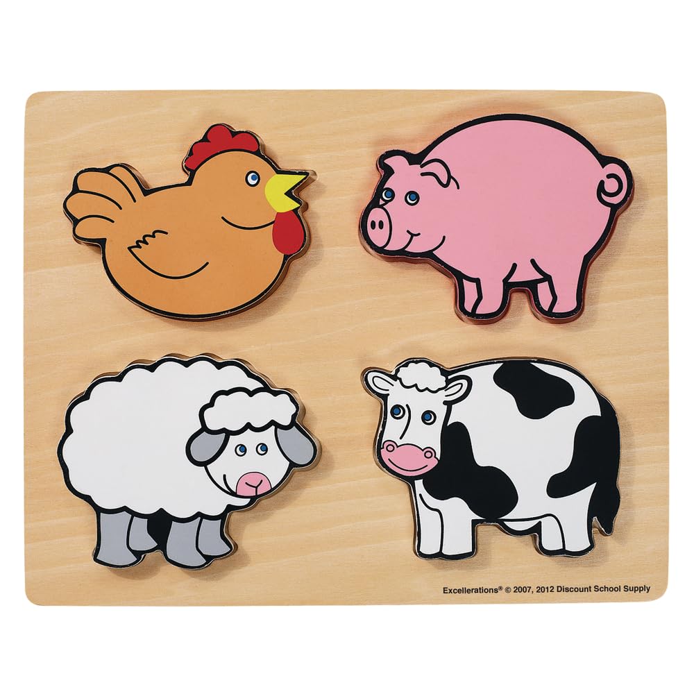 Excellerations Farm Animals Chunky Puzzle with Chunky Wooden Pieces, 4-Piece Puzzle, Toddler, Preschool, Educational Toys and Gift