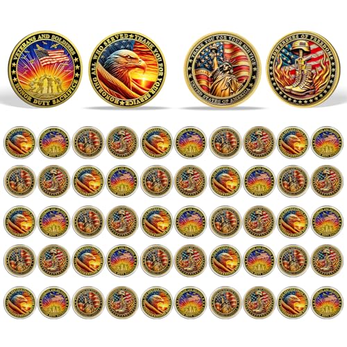 Value Valor Vow 50Pcs Military Veterans Challenge Coins Set - Honoring All Who Served Medallions Thank You for Your Service Chip Military Commemorative Gifts for Men Women Veterans Day Gifts Bulk