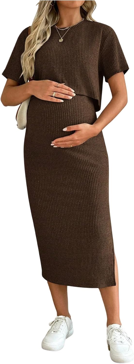 SHENHE Women's Maternity Ribbed 2 Piece Outfits Short Sleeve Crop Top Bodycon Slit Midi Skirt Set