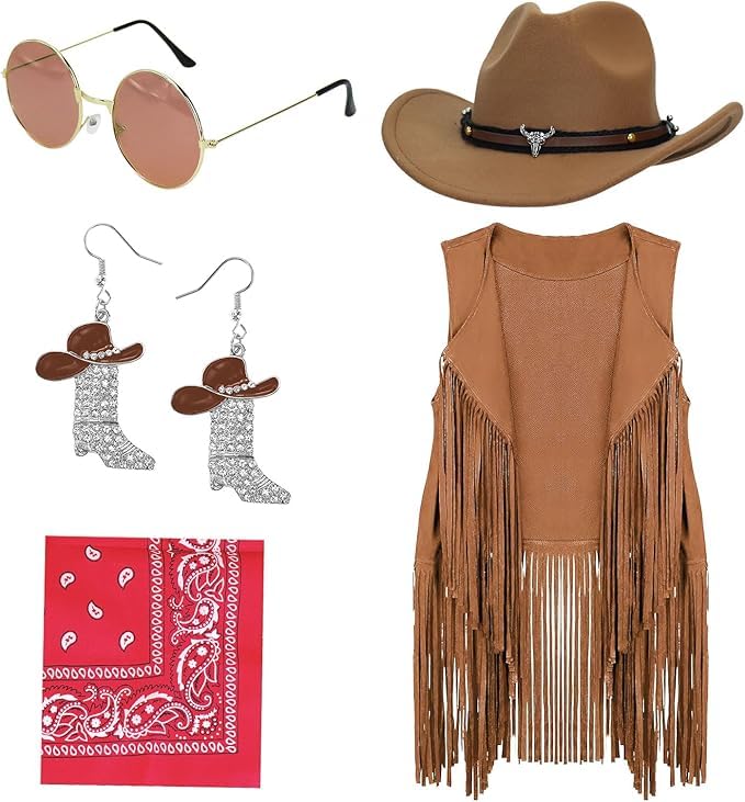HFZCV 5 PCS Cowgirl Outfits for Women Western Costume Accessories Cowboy Hat Tassels Fringe Vest Earring Hippie Glasses Bandana for Hippie Disco Party Halloween Party Cosplay (Brown, XL)
