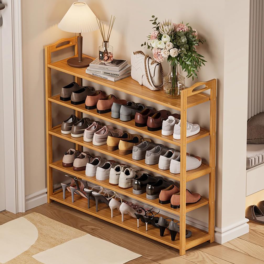WYRNOBRX Vertical Shoe Rack - Tall Narrow Organizer 5 Tier Bamboo Shoen Shelf Skinny Shoe Organizer Space Saving Free Stackable for Entryway,Closet,Corner,Doorway,Natural,C/90