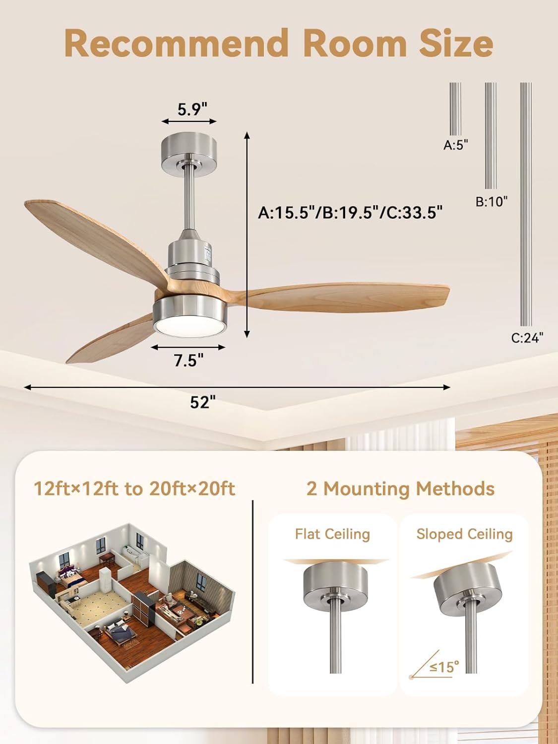 Sofucor Ceiling Fan with Lights, 52 Inch Low Profile Flush Mount Mordern Wood Ceiling Fan with Remote for Indoor Farmhouse Bedroom Living Room Outdoor Patio Porch, Reversible DC Motor, Noiseless